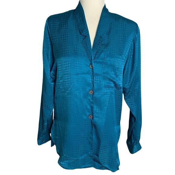 Condor Tops - Vintage Silky Button Up Shirt M Teal Blue Long Sleeve Pocket Notch Collar